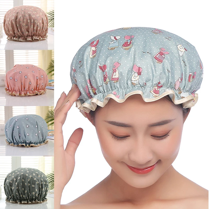 Double Layer Waterproof Women Shower Cap Beanie Hair Bonnet Bath Accessories Shampoo Multiple Shower Caps Bathroom Products