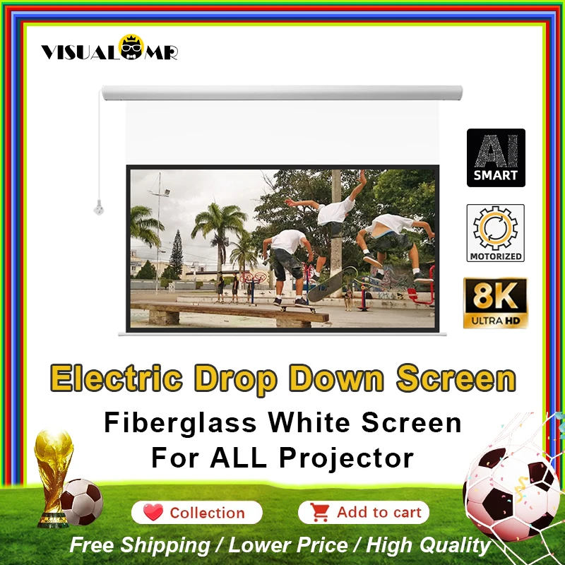 VisualMr Schermo di proiezione drop down motorizzato elettrico in fibra di vetro bianco 4K Cinema di proiezione da 120 pollici per cinema home theater