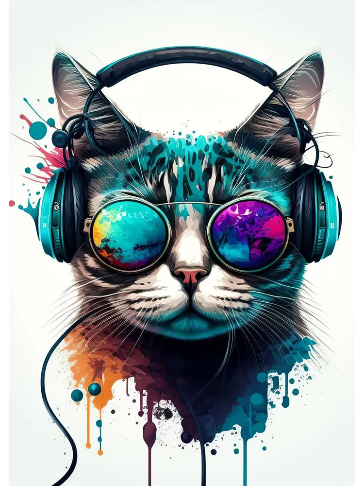 WatercolorCoolCatsHeadphoneDjMusicPosterAndPrintCanvas