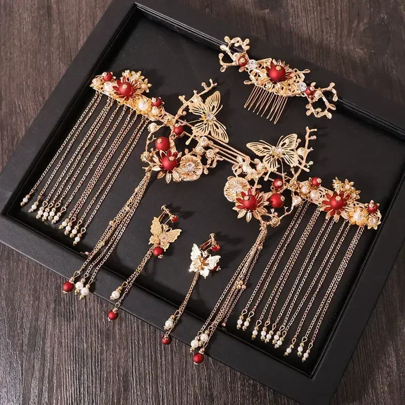 Antique Hanfu Headwear Gorgeous Set Of Phoenix Crown Red Step Shake Wedding Bridal Hair Accessories Show Small Face Hair Fork