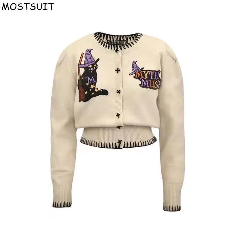 

Cartoon Embroidered Cardigan Sweater For Women Vintage Stylish Elegant Ladies Knitwear Tops 2024 Spring Full Sleeve Chic Jumpers