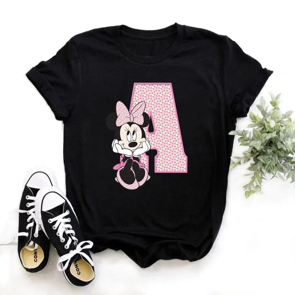 thumbnail image 1 of Camiseta de algodón para niños de Disney Minnie Mouse, divertida camiseta con estampado de 26 letras mayúsculas de la A a la Z, camisetas góticas para niñas, camisetas kawaii de verano, 1 of 5