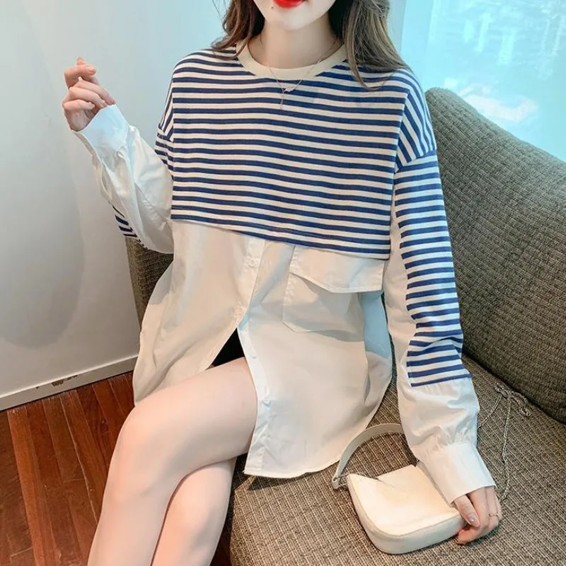 

Top Striped Woman Clothing Pullovers Blue Loose Button Women's Sweatshirt Baggy Y2k Hoodie Dropshiping Basic Kpop Long Sleeve E