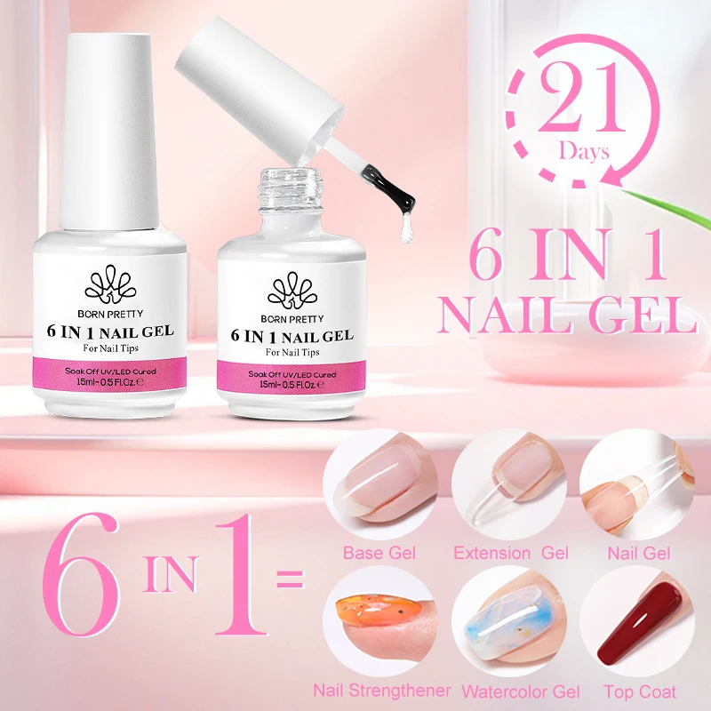 BORN PRETTY 15ml 6 IN 1 Nail Glue Gel Nail Polish Transparent Clear Function UV Gel looming Gel Strengthener Extension Varnish