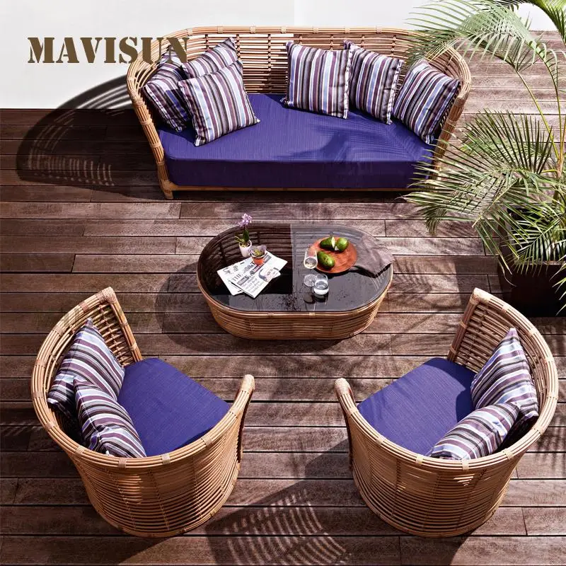 

Outdoor Balcony Sofa With Tempered Glass Coffee Table Garden Rattan Chair Living Room Villa Patio Garden Furniture Combination