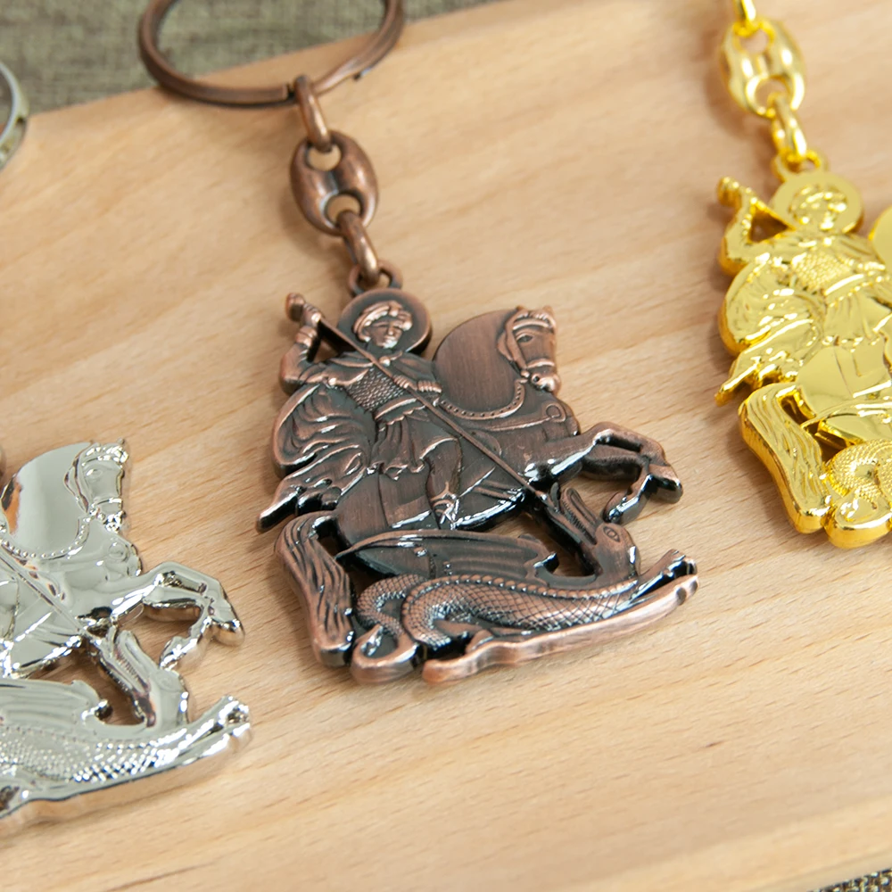 HTISOK Christlicher religiöser Schlüsselanhänger St. George Slaying Dragon Metall-Schlüsselanhänger-Anhänger Schlüsselanhänger Ring Schlüsselanhänger Schmuck Gläubiges Geschenk – Detail 4