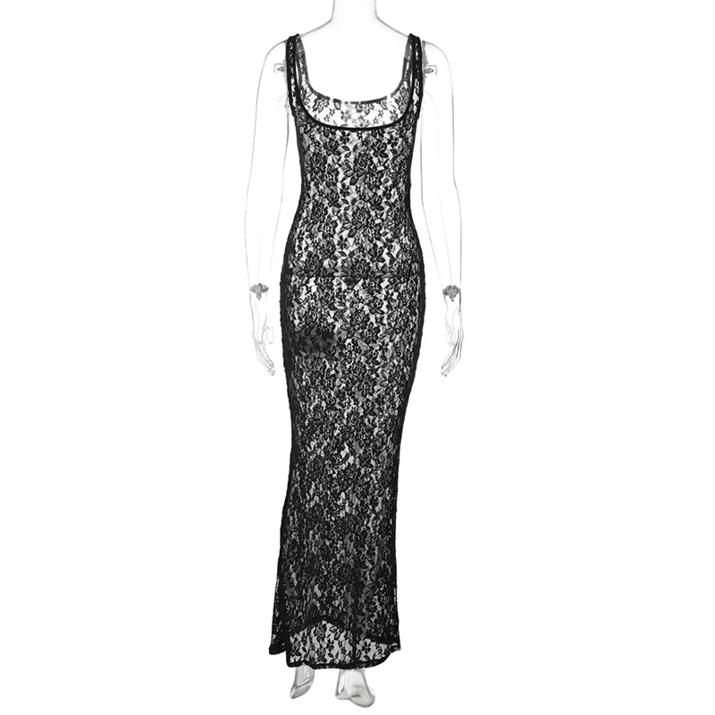 Lace Dresses Women Summer Sheer See Through Spaghetti Strap Sleeveless Bodycon Long Dress Sexy Evening Party Dresses