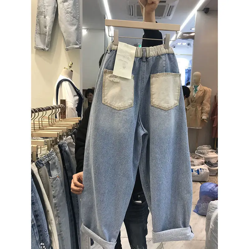 2022 New Arrival Autumn Winter Women Cotton Denim Ankle-length Pants Elastic Waist Casual Loose Harem Pants Casual Jeans P292 new arrival spring summer korea fashion women elastic waist loose white jeans all matched casual cotton denim harem pants