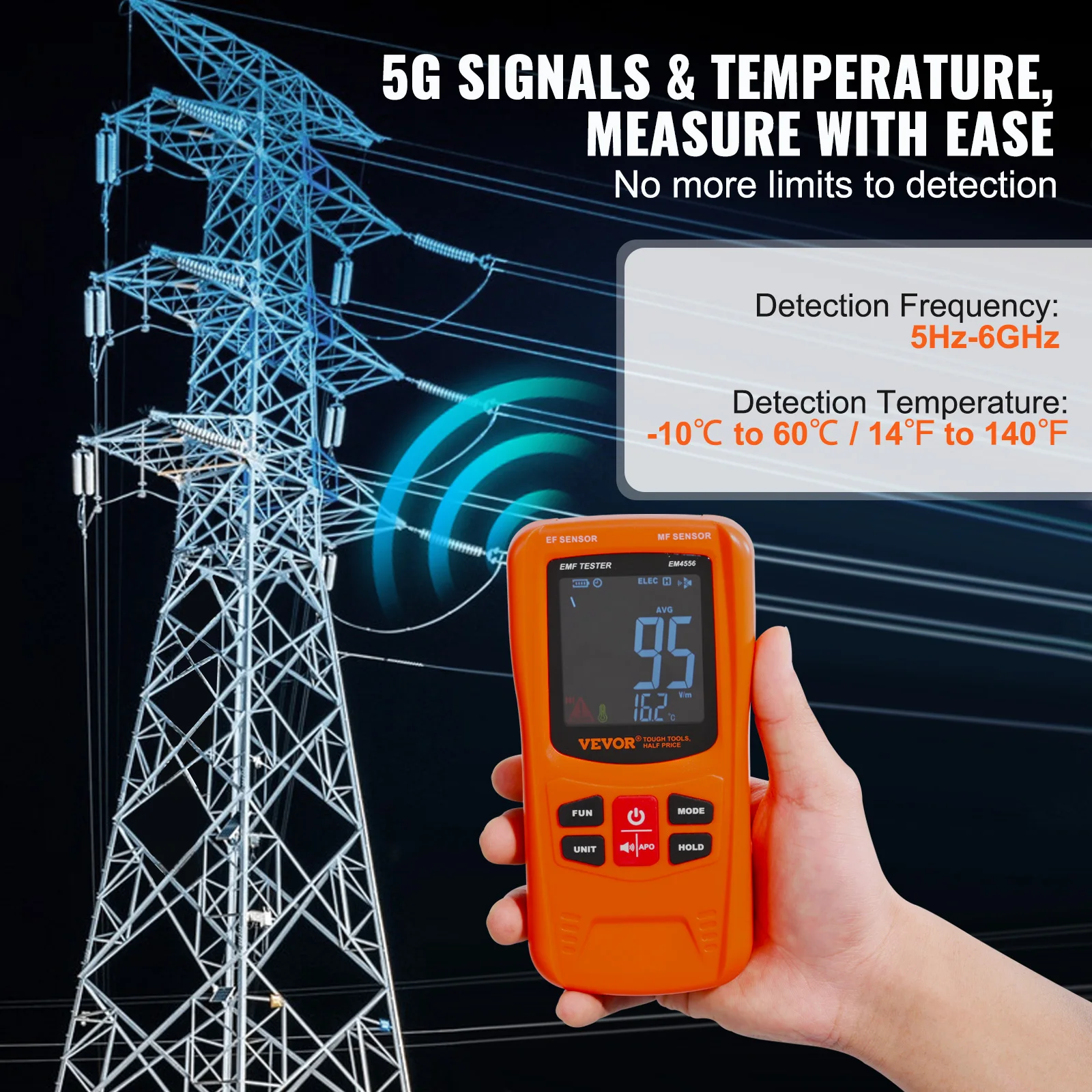 VEVOR 3-in-1 EMF Meter 5Hz-6GHz Handheld Rechargeable Electromagnetic Field Radiation Detector Digital LCD EMF Tester, Discount 3