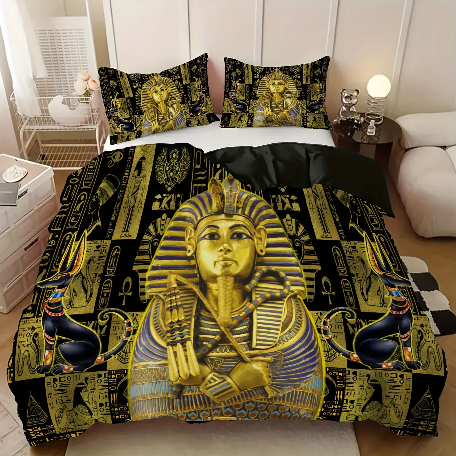 2/3Pcs 3D Retro Egyptian Duvet Cover Set, Black Golden Pharaoh Anubis Print Bedding with Pillowcases for Bedroom Guest