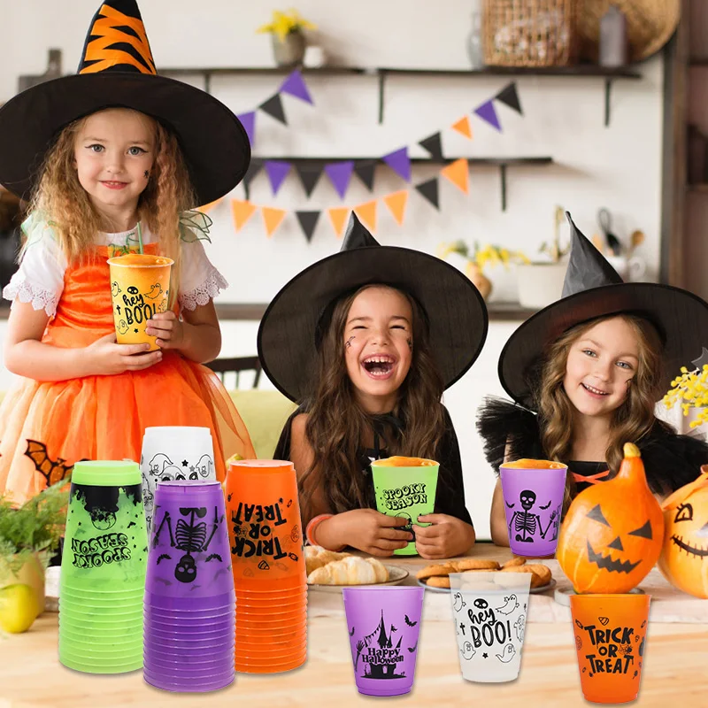 24pcs Halloween Plastic Cups Skull Trick or Treat Juice Cocktail Drinking Cups 2025 Halloween Theme Party Decoration Supplies