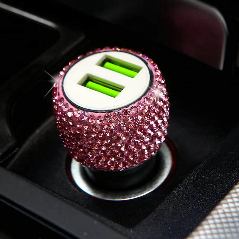 

New Bling USB Car Charger 5V 2.1A Dual Port Fast Adapter Pink Car Decor Car Styling Diamond Car Accessories Interior for Woman