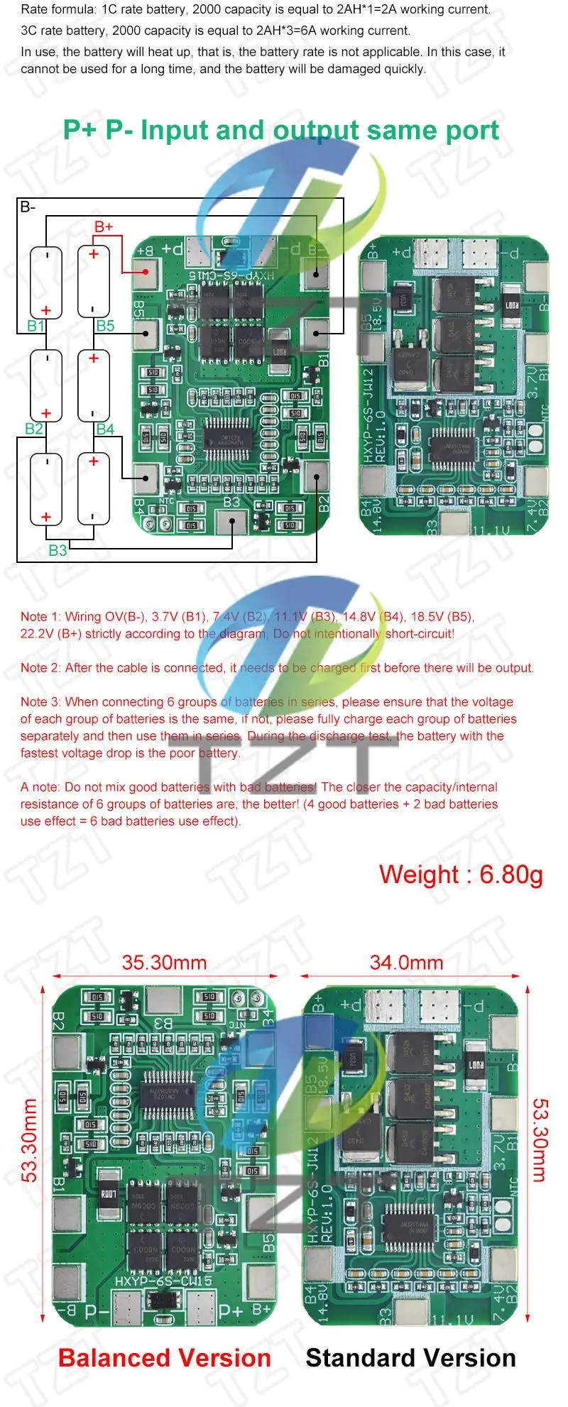 TZT 6S 22,2V 25,2V 14A 20A 18650 Li-Ionen-Lithium-Batterie-Ladeschutzplatine mit ausgewogenem PCB BMS 6er-Zellenmodul – Detail 3