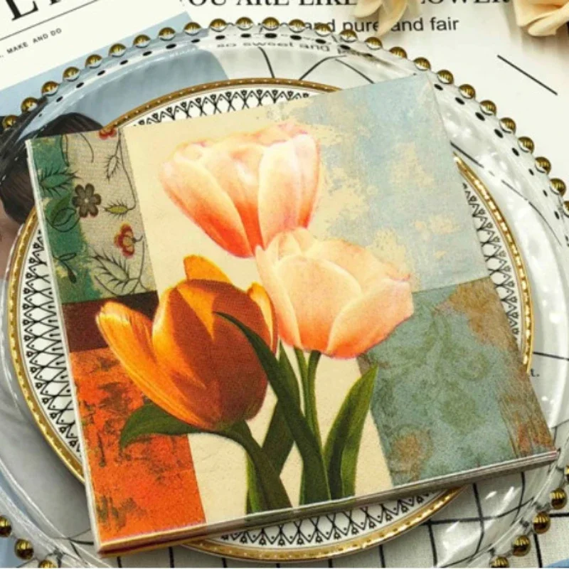 20pcs/pac 2-Ply Paper Napkins, Tissue Paper Decoration, Colourful Printed Tulip Flower Wedding Party Folded