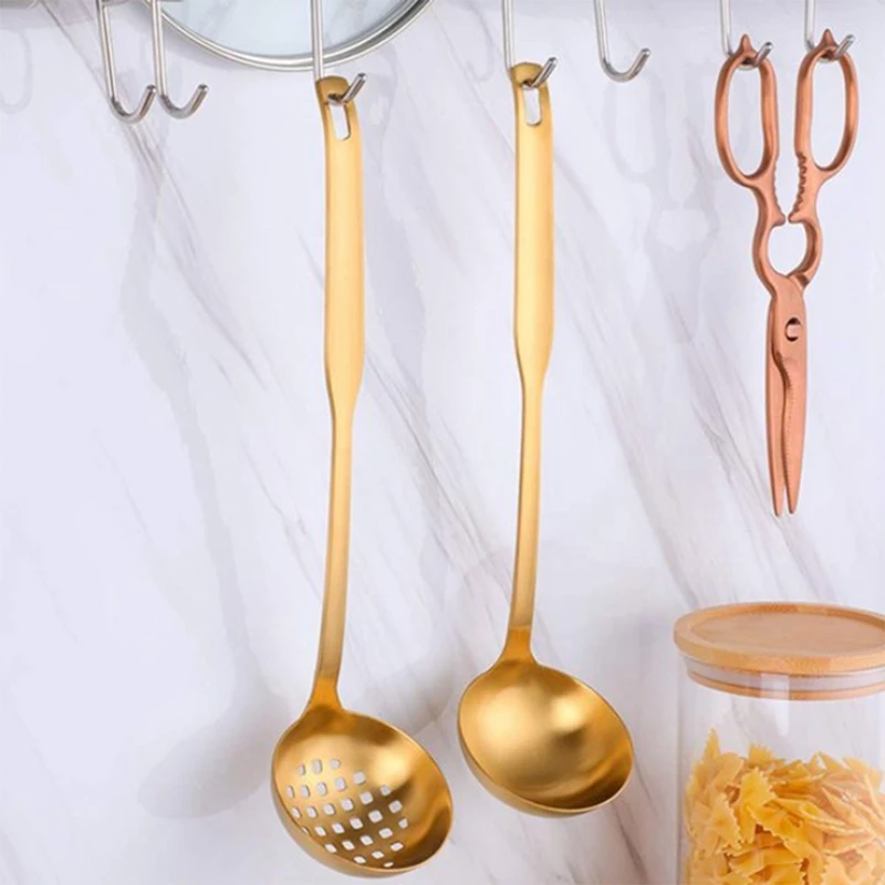 Gold Soup Ladle Colander Set, Long Handle Stainless Steel Kitchenware Cookware Serving Spoon, For Cooking Utensil(2 PCS)