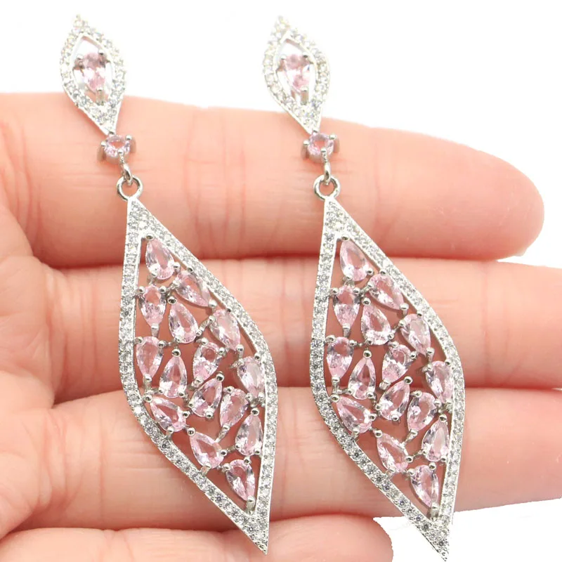 

67x17mm Eye Catching Big Size 8.8g Pink Kunzite Rich Blue Aquamarine White CZ Ladies Engagement Silver Earrings