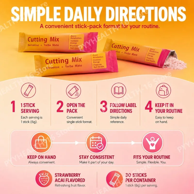Berberine Yerba Mate Drink Mix, Cutting Metabolism & Energy Support, Strawberry Acai Flavor, Gut Wellness, 30 Stick Packs, 180g