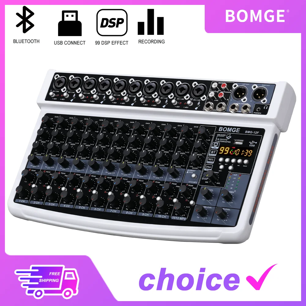 Professional Portable 99DSP 12 Channel Recording Audio Mixer interface USB 48V BT Sound Console Card for PC MP3 DJ karaoke Audio Mixer Audio Interface