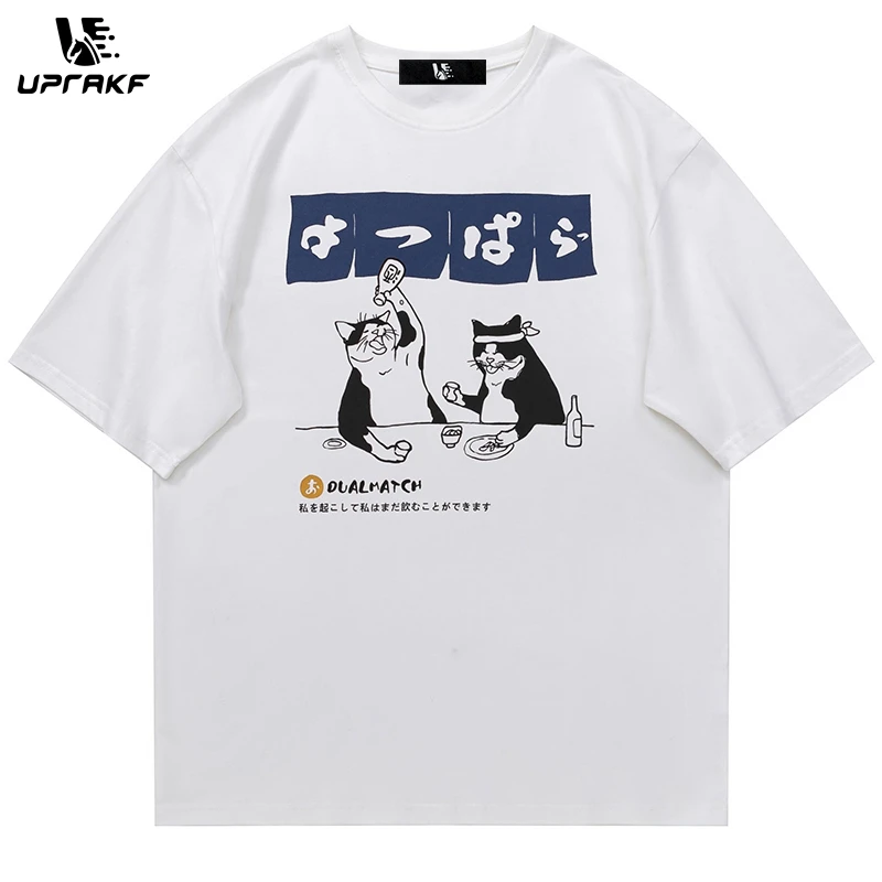 

UPRAKF Streetwear Japanese Cartoon Funny Drinking Cat T Shirt Cotton Summer Harajuku Hip Hop Tees Anime Fashion Clothing Casual