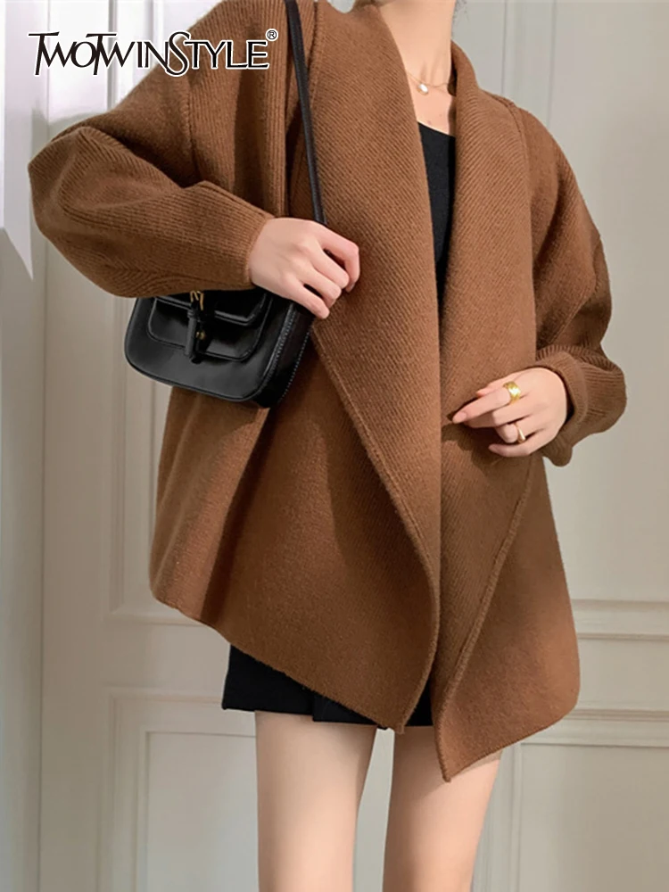 

TWOTWINSTYLE Solid Temperament Knitted Sweater For Women Lapel Long Sleeve Casual Minimalist Sweaters Female Fashion Clothing