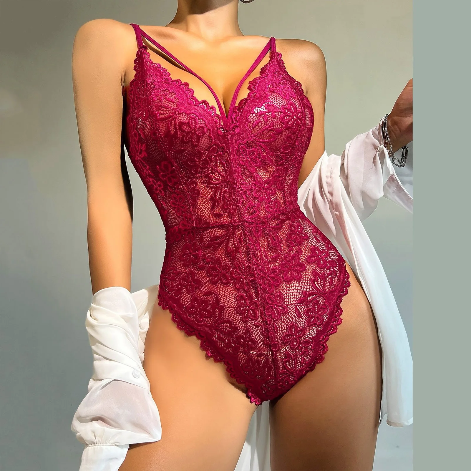 Sexy Crotchless Red Lingerie Women Lace Bodysuit Open Crotch Erotic Outfits Teddy Babydoll Dress Transparent Porn Underwear Set women underwear sexy lingerie