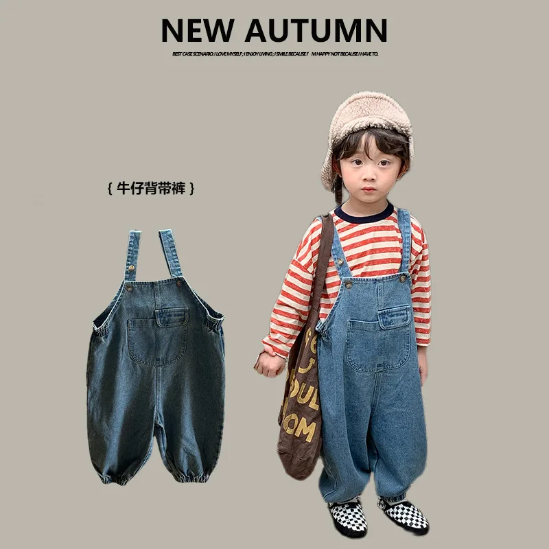 

Children's Clothing 2023 Autumn New Korean Style Children's Denim Suspender Pants Children Suspender Trousers