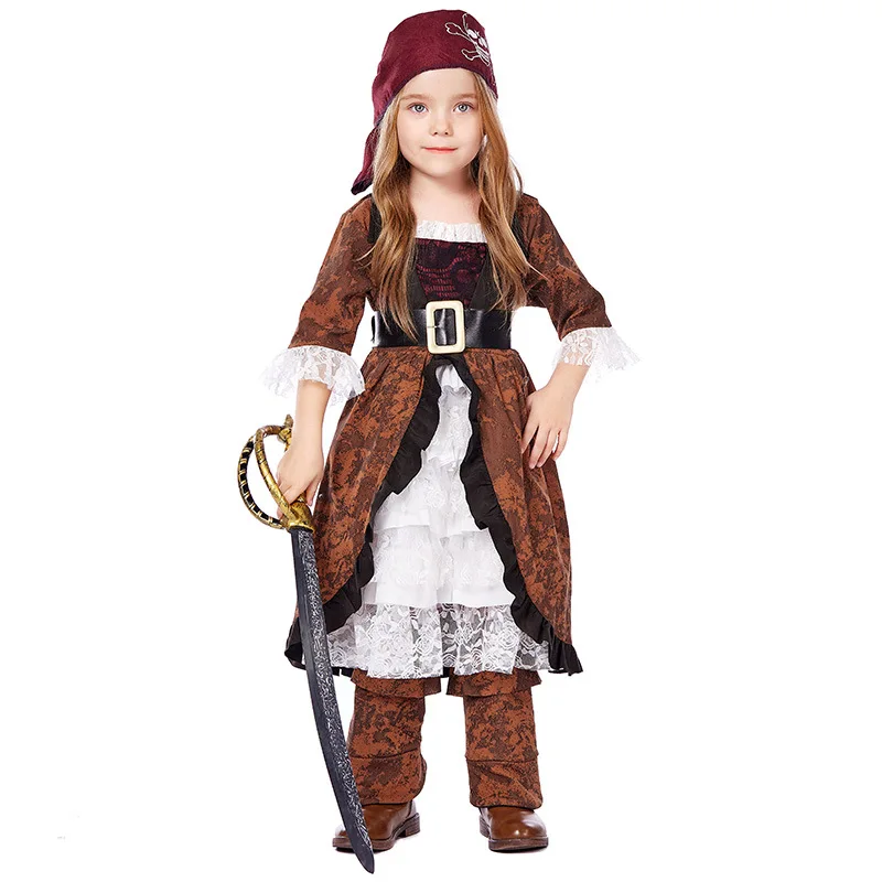 

Children Girls Maritime Explorers Somali Pirate Captain Dress Belt Pants Set Kids Halloween Cosplay Costumes Role Play Outfit