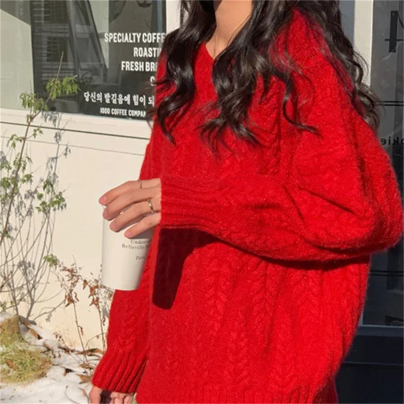 Thick Blue Red Knitted Sweater Pullover for Women