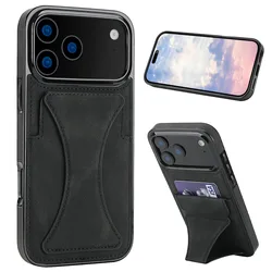 Leather Phone Case with Card Slots and Foldable Kickstand - Shockproof Design - iPhone 18 (Black)