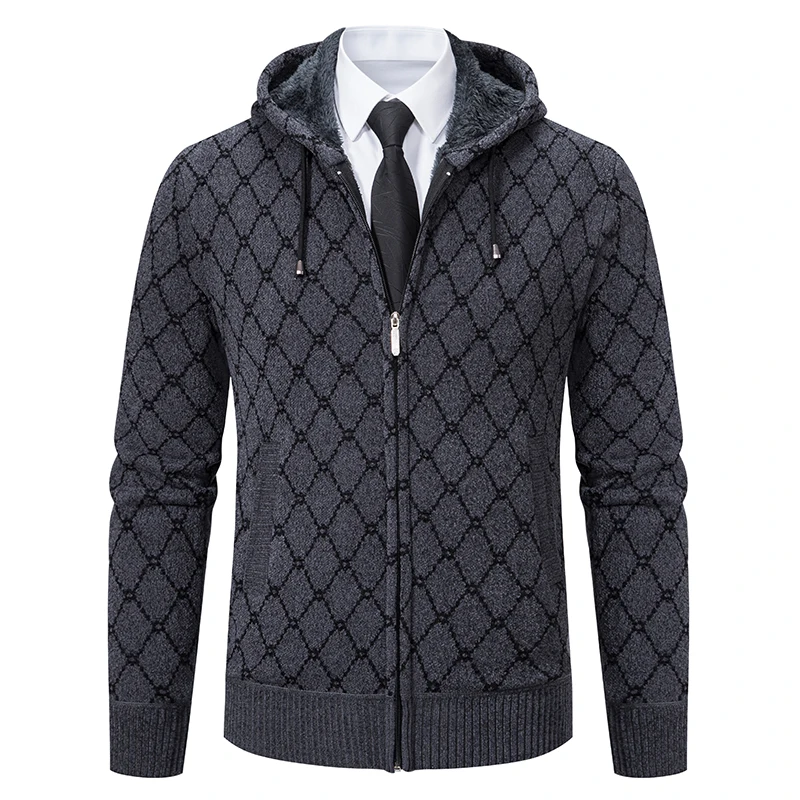 Male Cold Sweater Coat Winter Fleece Jackets Men's Y2K Knit Hoodies Zipper Cardigan with Hood Plaid High Quality Velvet Overcoat