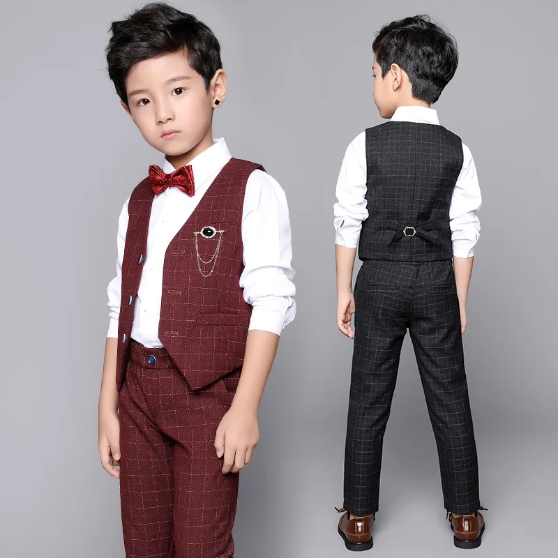Boy Plaid Vest Suit Kids Waistcoat Wedding Clothes Sets Toddler Formal Dress Children Brooch Shirt Pant Baby Gentlemen Outfits