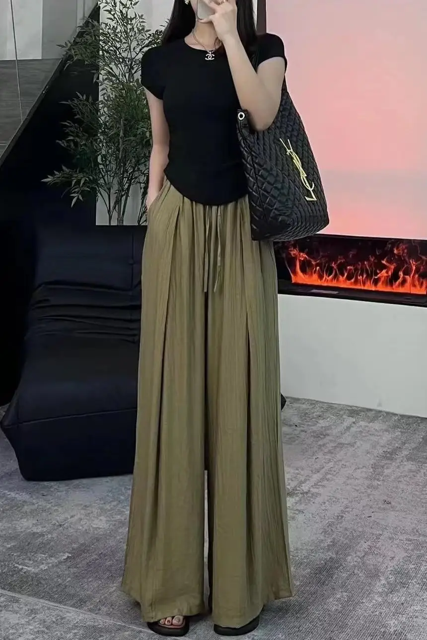 Cotton and linen pleated wide leg pants for women in summer 2023, elastic waist casual pants, floor long pants for women