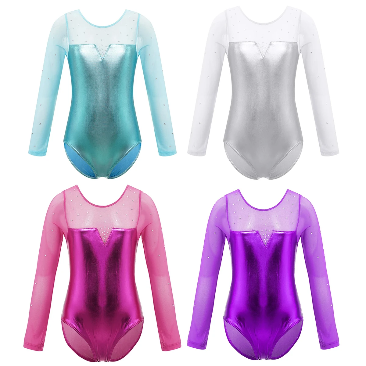 Girls Ballet Leotard Gymnastics One-Piece Sparkle Dance Costume Tulle Long Sleeve Sparkly Rhinestone Metallic dance leotard