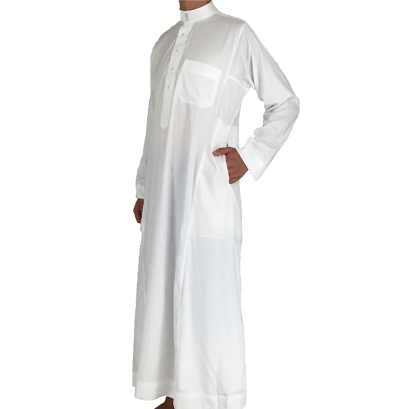 

White Polyester Muslim Jubba Thobe Muslim Fashion Long Sleeve Stand Collar Islamic Arabic Kaftan Men Abaya Islam Clothing