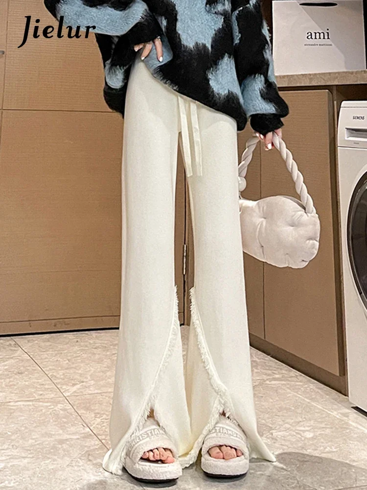 Jielur Chic Split Tassels Slim Basic Women's Pants Fashion Thick Knitting High Waist Drawstring Casual Loose Female Flare Pants