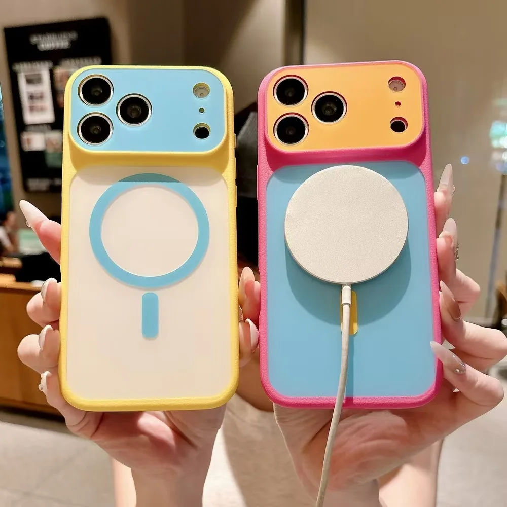 Vibrant Color Block Shockproof Phone Case with Magnetic Charging Compatibility