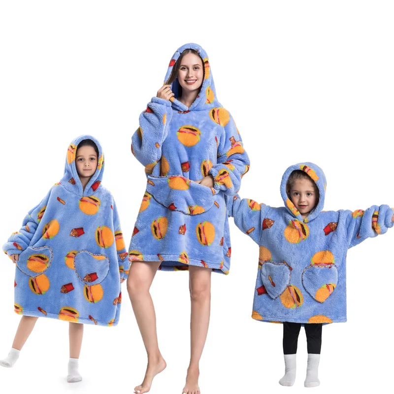 Wearable Blanket Hoodies Family Homewear Thick Loungewear Plush Flannel Pajamas For Parents