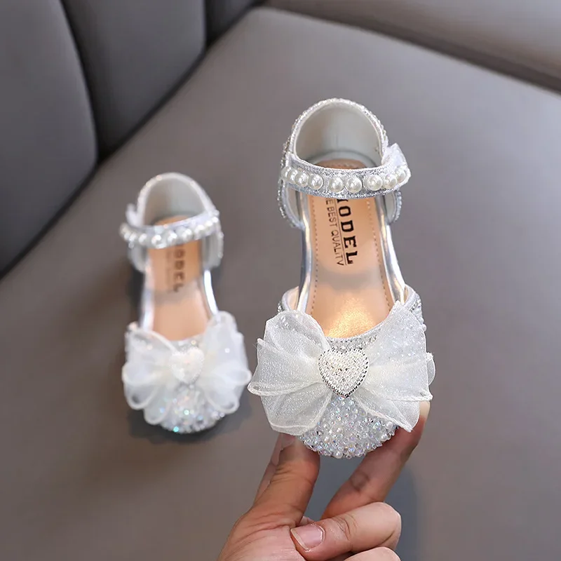 

New Children Sandals Rhinestone Bow Wedding Princess Girls Sandal Party Dance Baby Student Flats Kids Performance Shoes