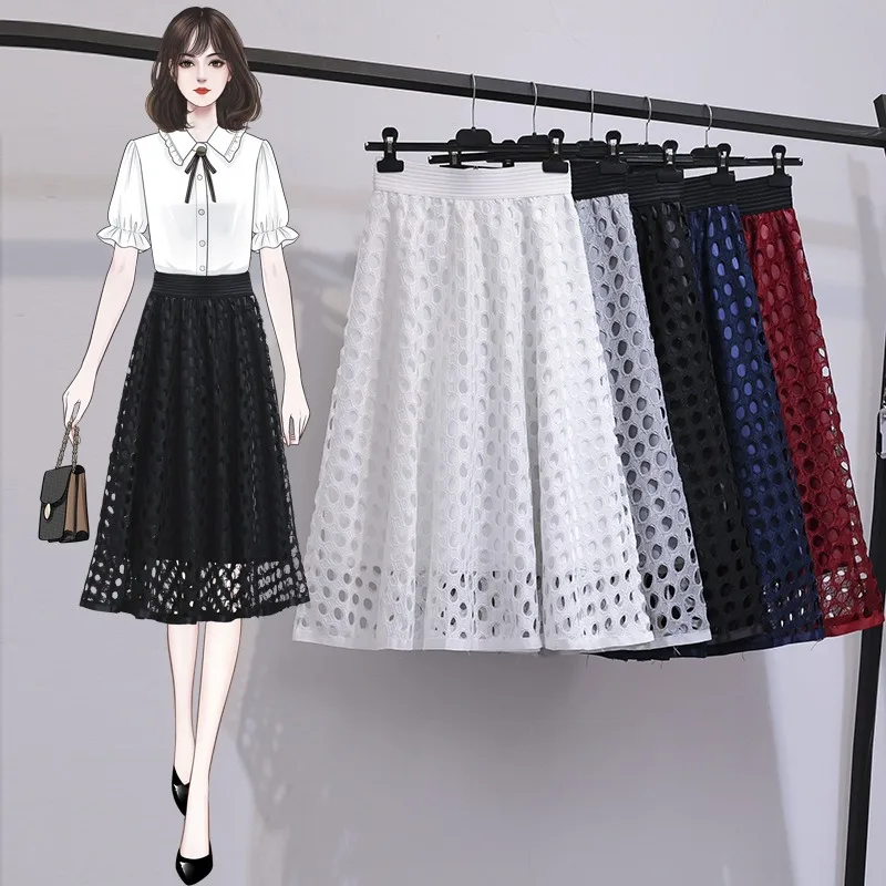

Treutoyeu Hollow Out Lace Pleated Black Midi Length Skirts for Women High Waist Spring Summer A Line Cotton Skirt Korean Style