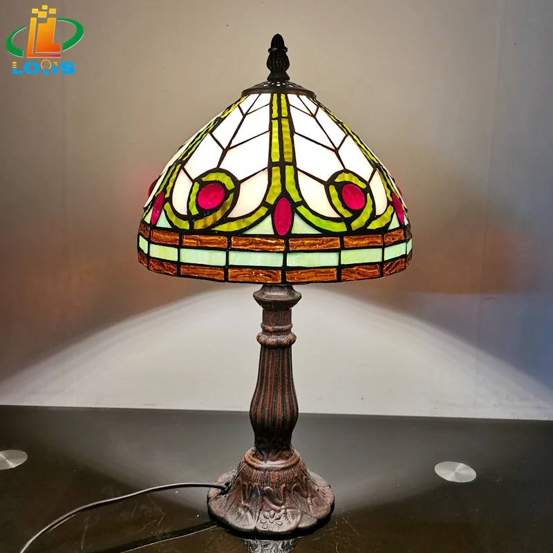 

8 "European Red Beads Glass Small Table Lamp Tiffany Style Alloy Base E27 Study Reading Bedroom Bedside Lamps Gifts Antique Art