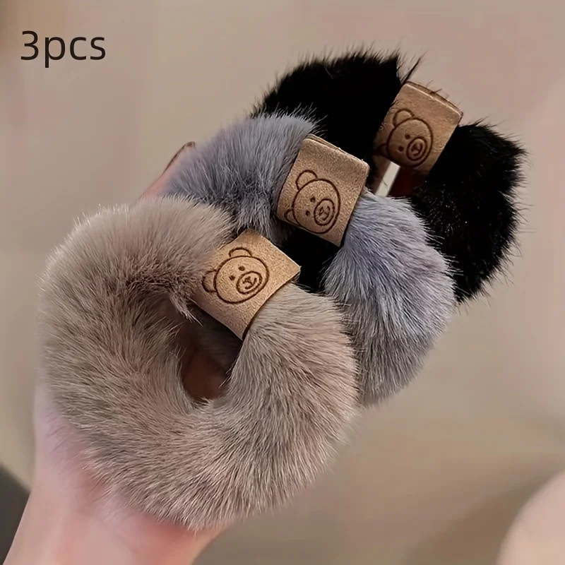 3pcs Plush Bear Hair Ties High Elasticity Soft Durable Scrunchie for Ponytails Buns Vintage Black Autumn Winter Cute Design