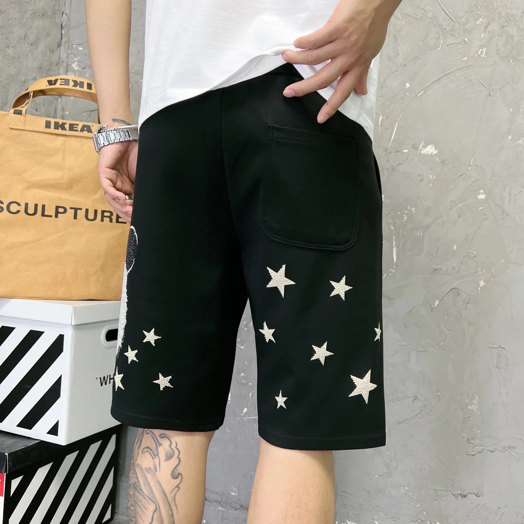 Trendy Panda Hot Drilling Knee-length Pants for Men Large Size Black Straight Pants 2023 New Summer Diamonds Printing Shorts