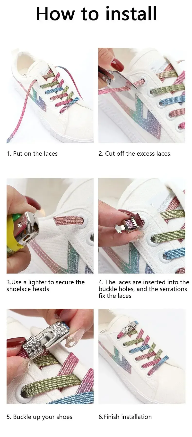 1 Pair Rhinestone Buckle Elastic No Tie Shoelaces Candy Colors Shoe Laces Suitable for Sneakers and Sports Shoes Flat Shoelace