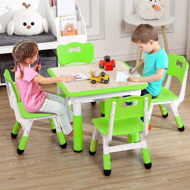 Kids Table and 4 Chairs Set, Height Adjustable Children Table and Chair Set ,Graffiti Top & Non-Slip Legs for Classroom & Home