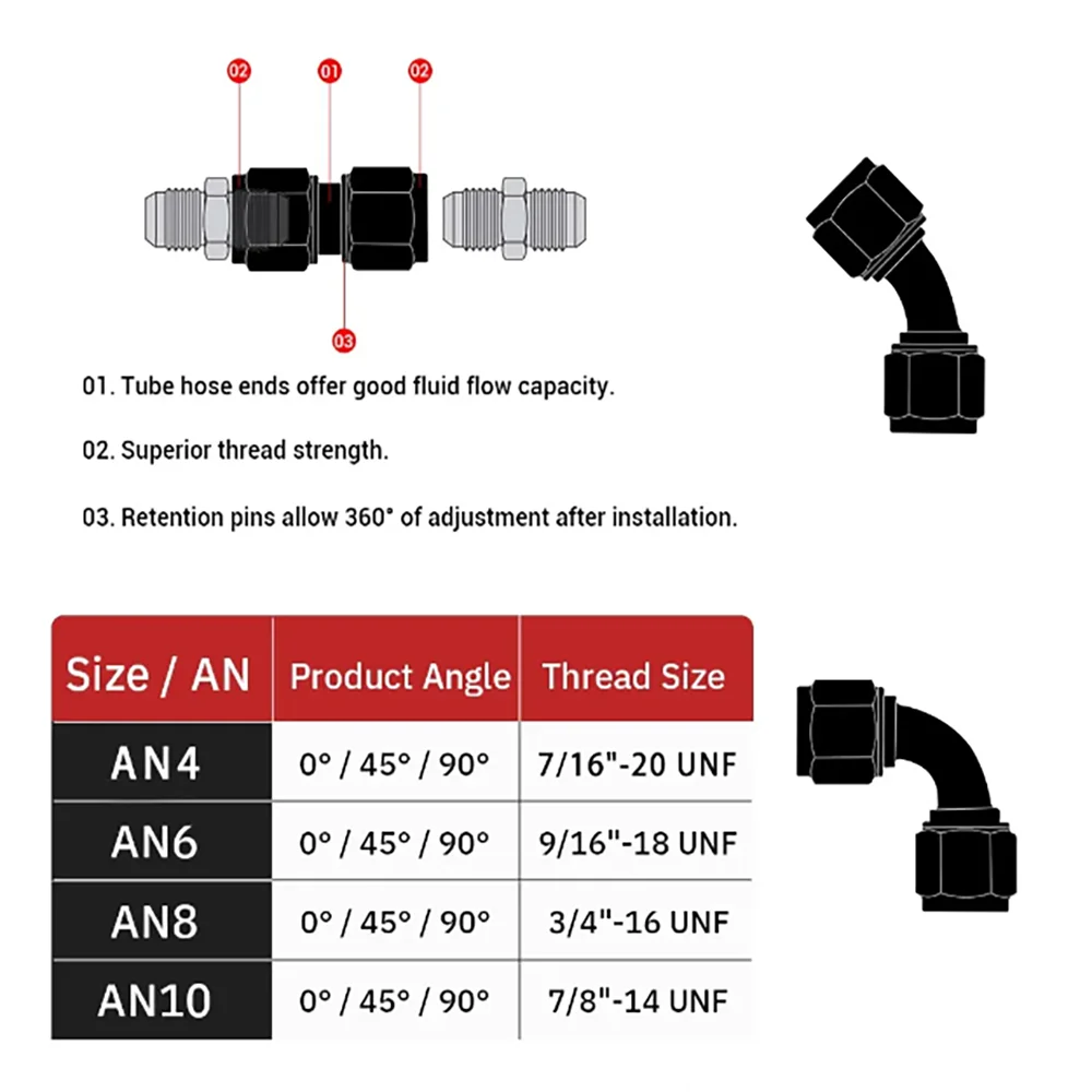 Universal AN4 AN6 AN8 AN10 AN12 Female To Female Union 0/45/90/180 Degree Hose Fitting Adaptor Elbow Oil Line Cooler Connector
