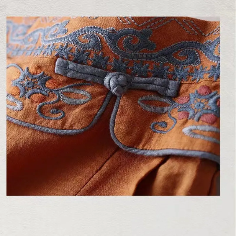 Chinese Style Cotton and Linen Embroidery Minimalist Casual Women's 2024 Summer New Patchwork Comfortable Straight Leg Pants