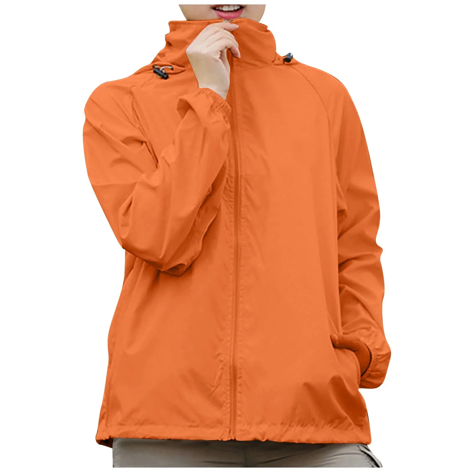 Fashionable solid-colored hooded waterproof windbreaker jacket for outdoor sports, climbing, and casual wear. orange