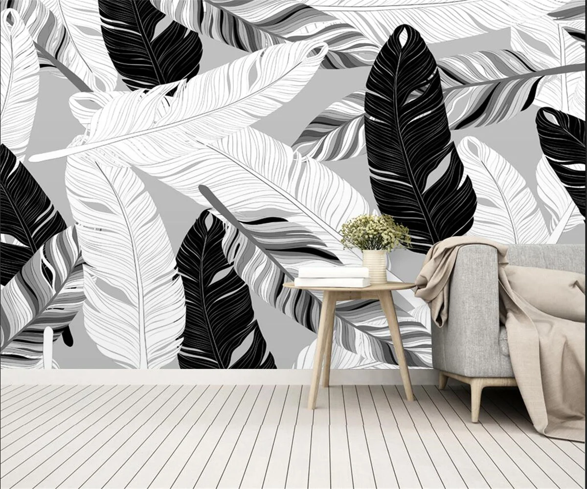 Customize any size silk material 3d wallpaper Nordic modern black and white hand-painted feather TV background wall 3d wallpaper