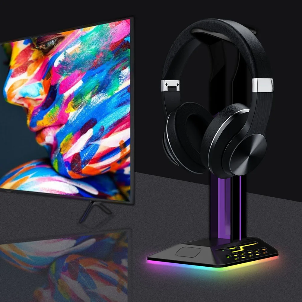 RGB 헤드폰 스탠드 오버이어 헤드셋 거치대 데스크탑 디스플레이 선반, 게이머 게임용 PC 액세서리 데스크, USB 포트 2 개