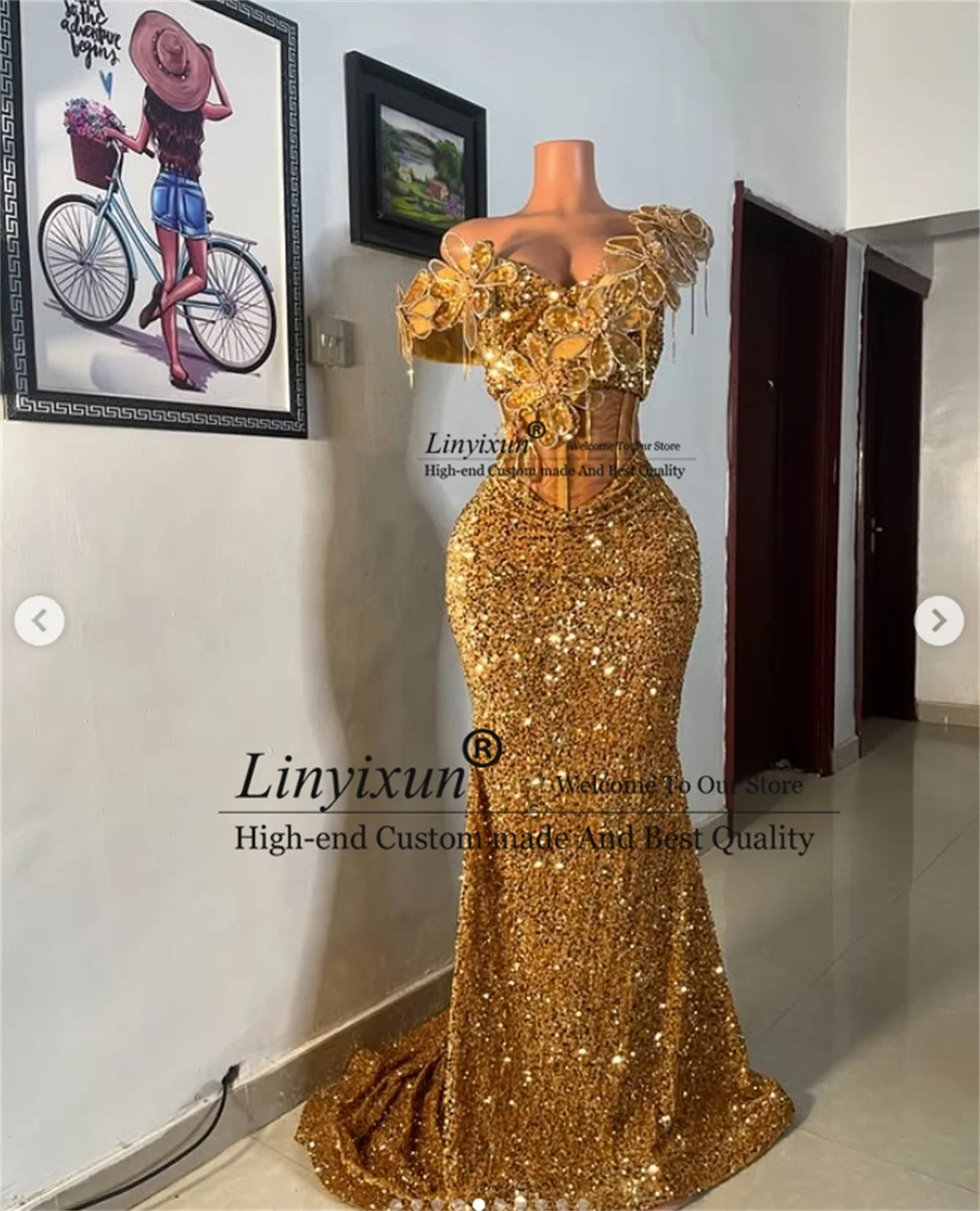 Aso Ebi African Prom Dresses Ruched Off Shoulder 3D Floars Mermaid Evening Party Gowns